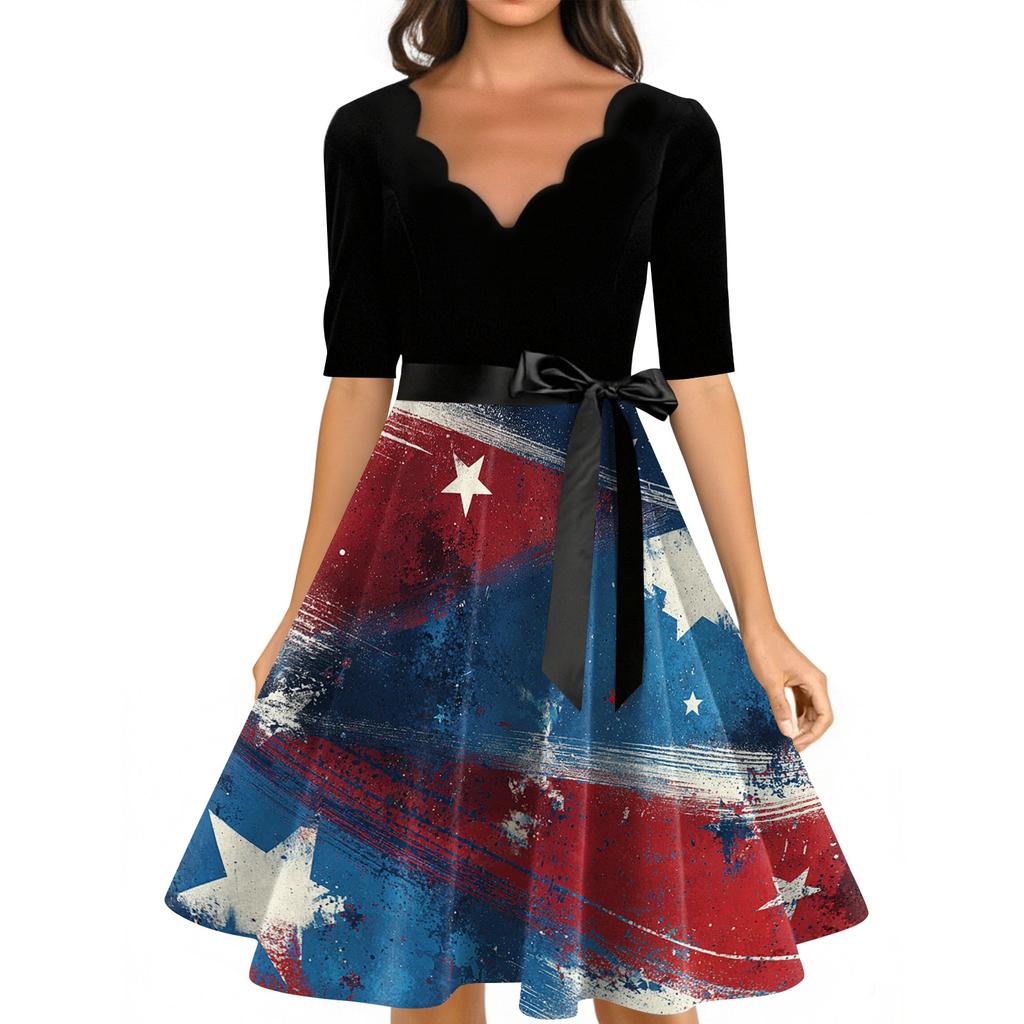 Women’s Vintage A Line Dress with Scalloped Neckline Half Sleeve and Star Print Flared Skirt Retro Style Belted Waist