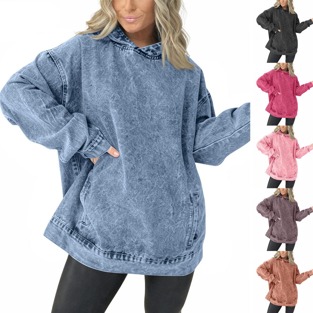 Women's Casual Pullover Denim Jacket Vintage Distressed Jean Hoodie Jacket Tops