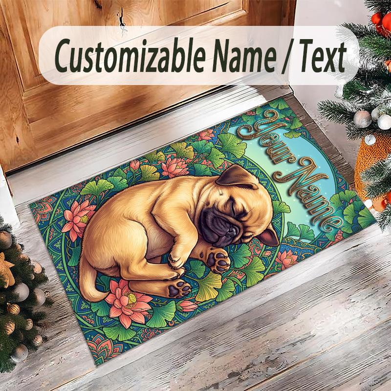 Pug Theme Crystal Velvet Floor Rug Personalized Custom Name Text Warm Carpet Home Decoration