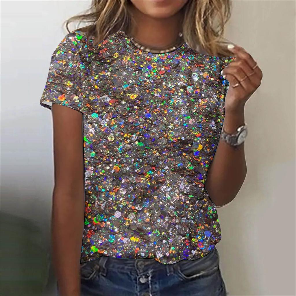 Camiseta Feminina com Estampa Padrão 3D Casual Manga Curta Gola Redonda Top Moderno Roupas Femininas de Rua