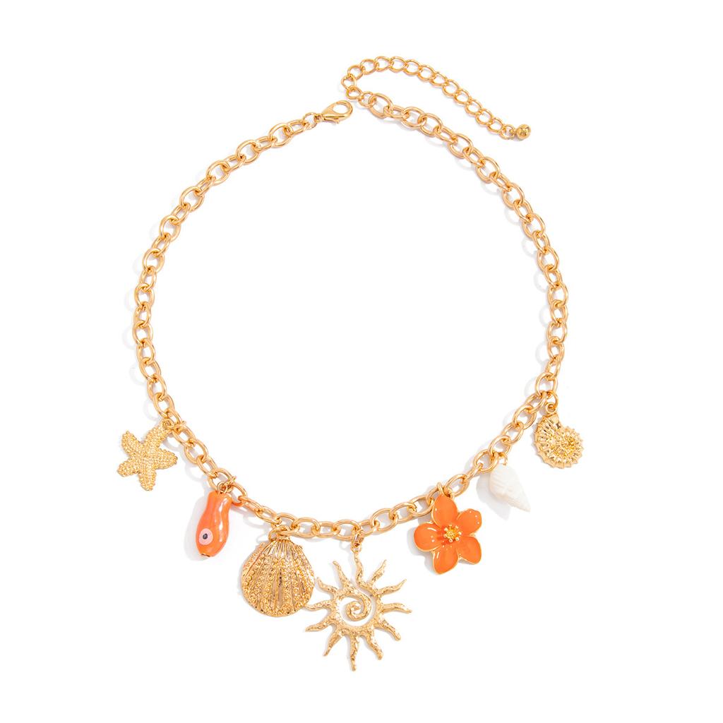 Boho Starfish Scallops Seahorse Flower Pendant Choker Necklace for Women Chain Aesthetic Beach Jewelry Accessory