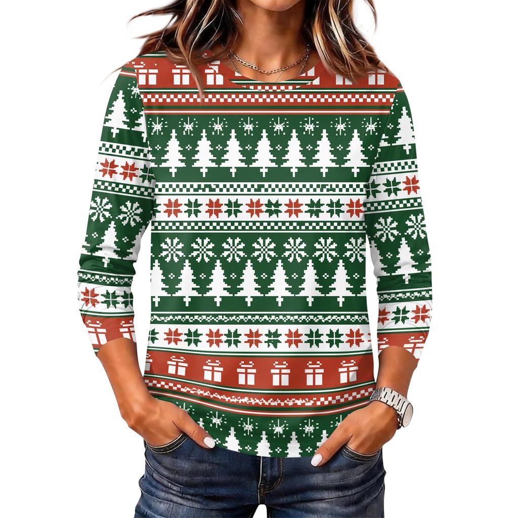 Women's Christmas Print Long Sleeve Neck Pullover Top