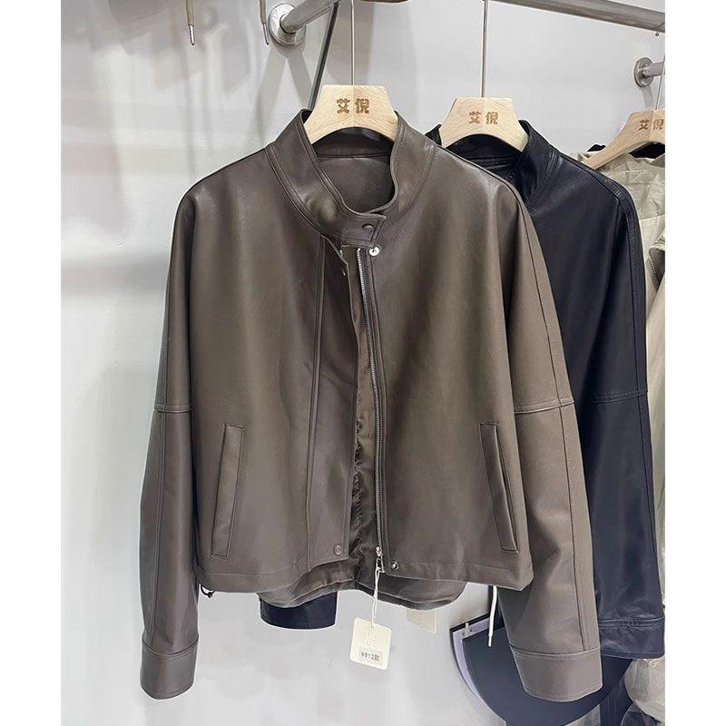 Casual temperament locomotive leather jacket women's autumn high sense stand-up collar loose jacket fashion brown