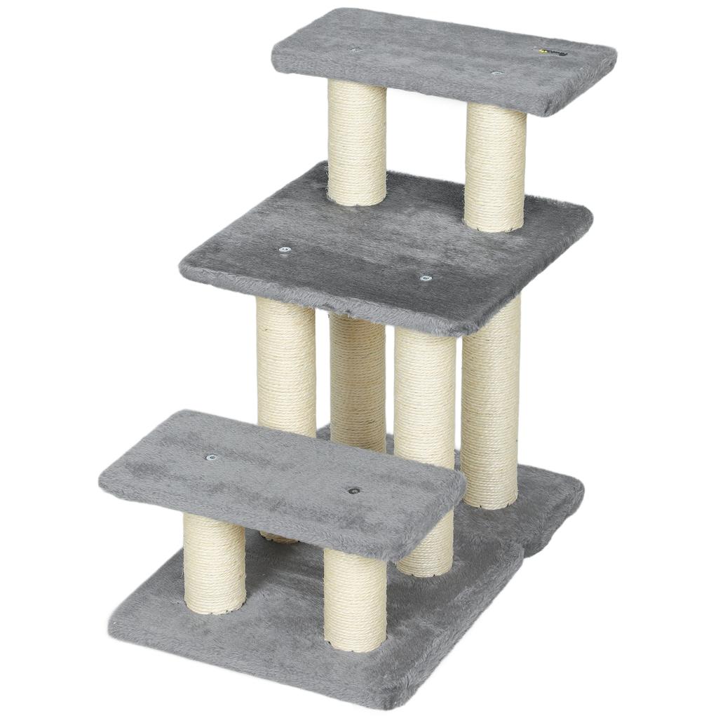 Pet Stairs, Adjustable 3-Step, Cat and Dog Ladder, Sisal Post, Ball, 52 x 34.5 x 54 cm, Grey