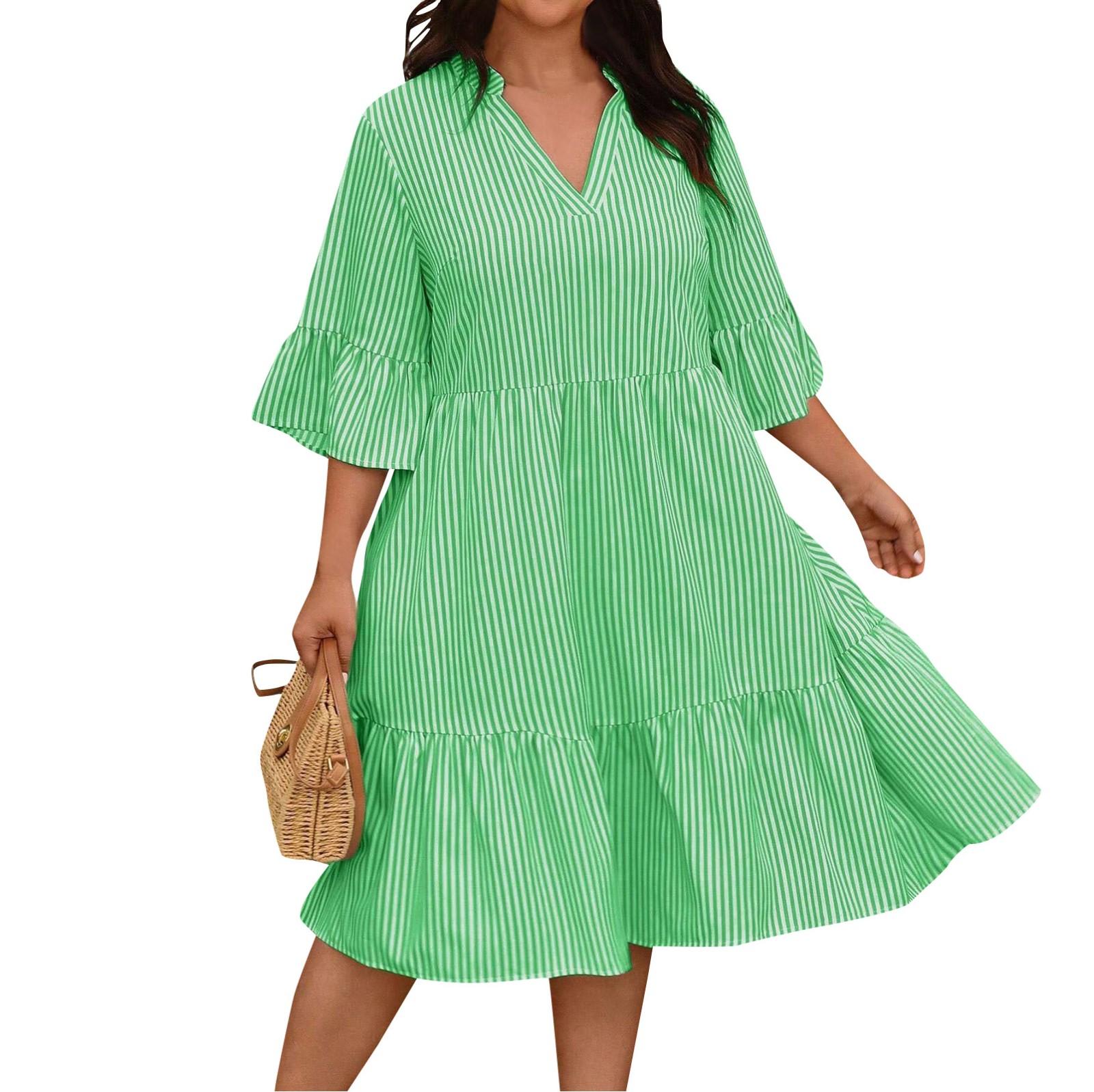 

Жіноча літня смугаста сукня-лялька з рюшами по подолу великого розміру, повсякденна вільна сукня з короткими рукавами, багатошарова сукня для вечірки XXXL зелений