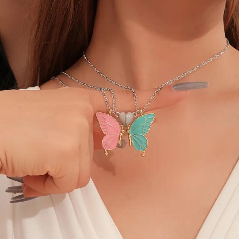 1 Pair Glowing In Dark Butterfly Pendant Necklaces With Magnetic Heart Clasp Detail For Best Friend Gift