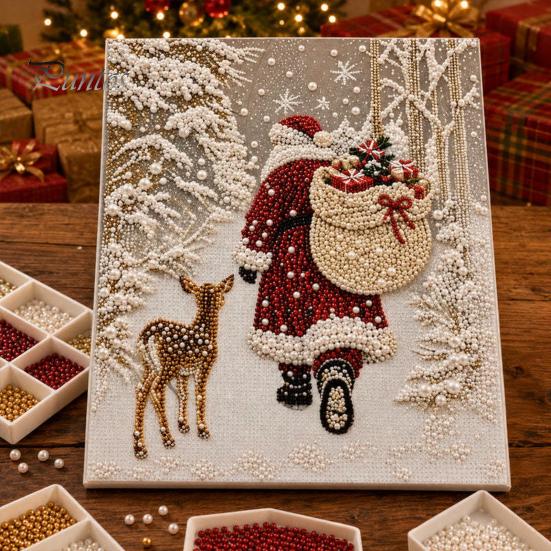 Holiday DIY Ornaments Christmas Faux Pearl Painting Kit, Santa Reindeer Art Relaxing Hobby Kits 3D Angel Wall Craft Kit for Adults, Festive Home Decor