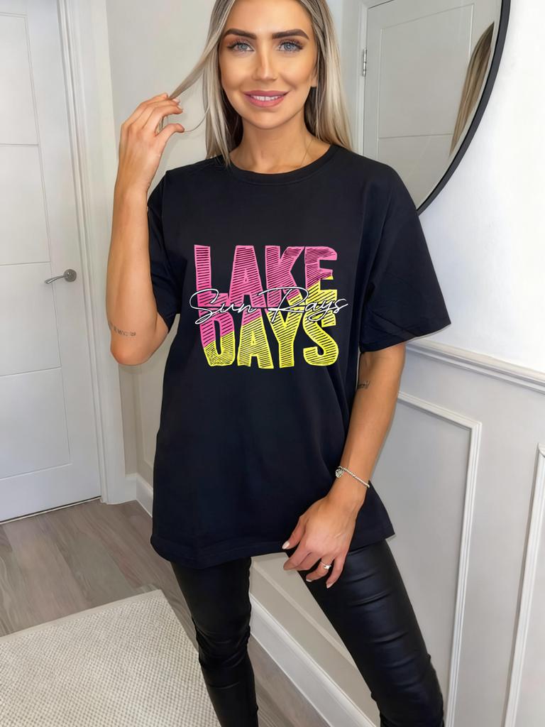 Lake Days Oversized T Shirt Black Pink And Yellow Gradient Text Sun Rays Print Summer Beach Vacation Wear