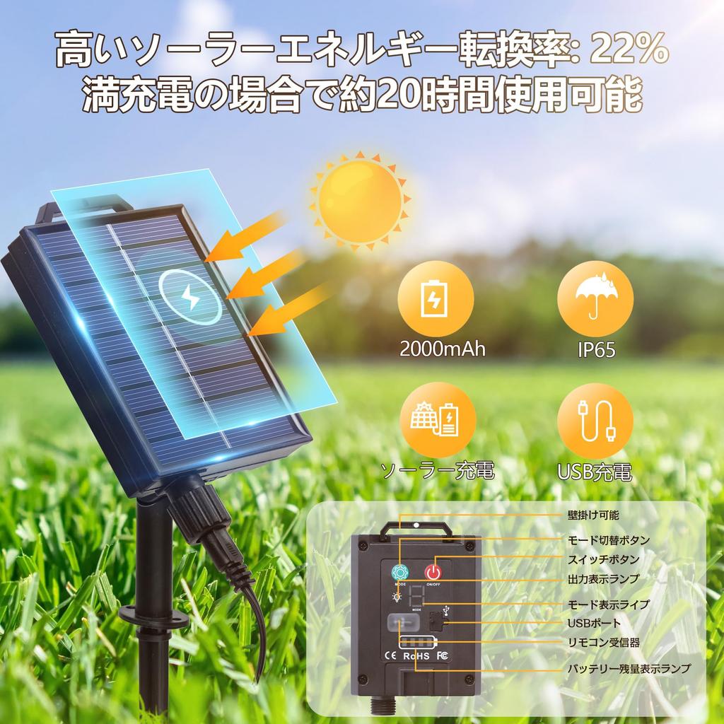 Solar-powered String Lights, 12m, Rainproof, Automatic Nighttime Illumination, 13 LED Bulbs, Warm White, PC Material, Durable, 8 Lighting Modes, USB R