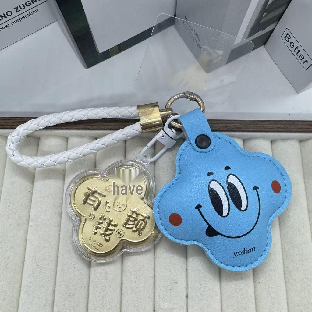 999 Pure Gold Four-Leaf Clover Smiley Face Flower Keychain & Bag Charm
