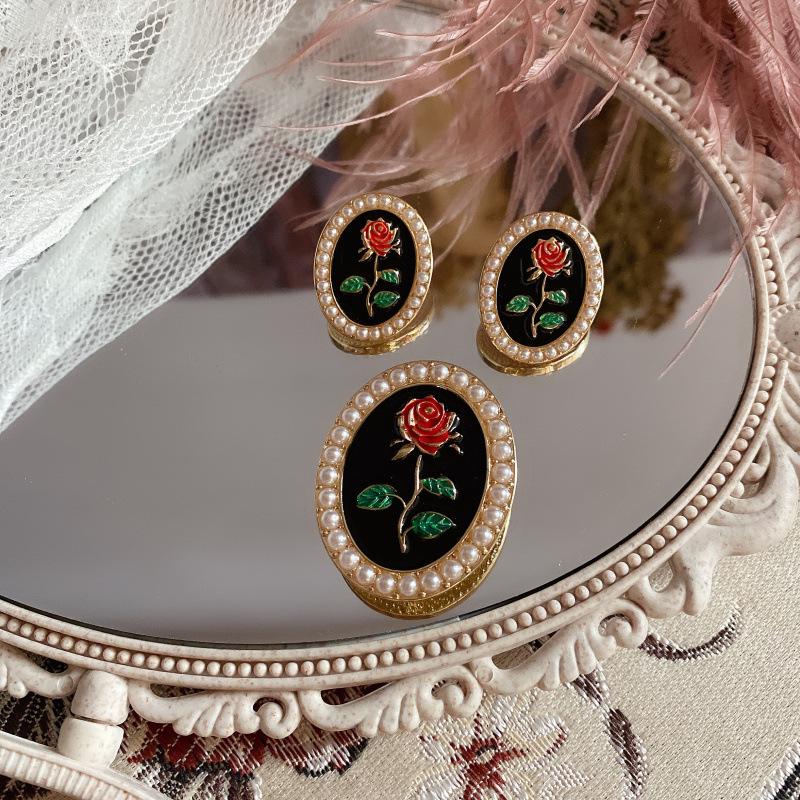 

Exquisite French Retro Rose Enamel Pearl Brooch & 925 Silver Needle Earrings for Women