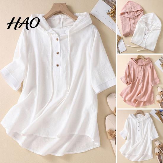 Women T-shirt Solid Color Hooded Buttons Half Placket Short Sleeve Short-sleeve Blouse Pullover Tops Drawstring Thin Loose Fit Regular