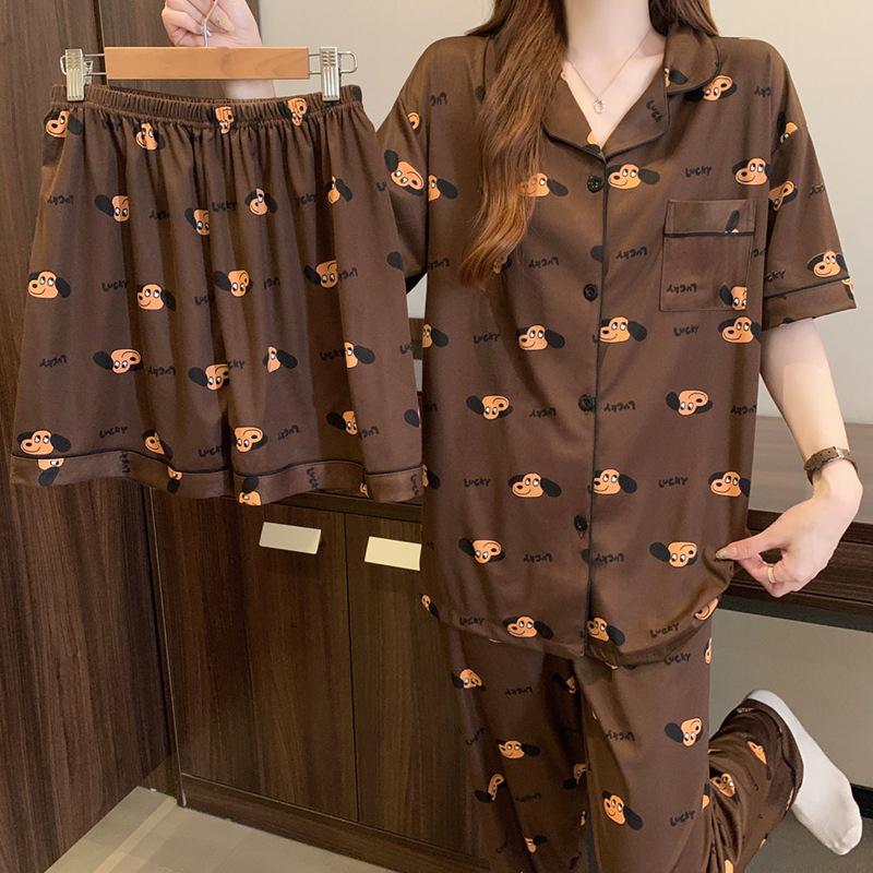 Coffee Puppy Style Premium Pajamas Women'S Summer Homewear Casual Comfort Short Sleeve Three-Piece Set