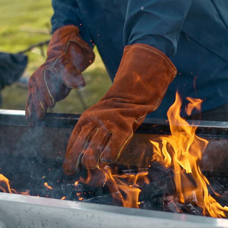 Cowhide Heat-Resistant Oven Gloves, Outdoor BBQ & Picnic, Oil-Proof & Anti-Scald