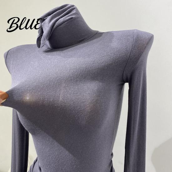 Slim Fit Tops Women High Collar Long Sleeve Base Shirt Elastic Solid Color Autumn Winter Breathable