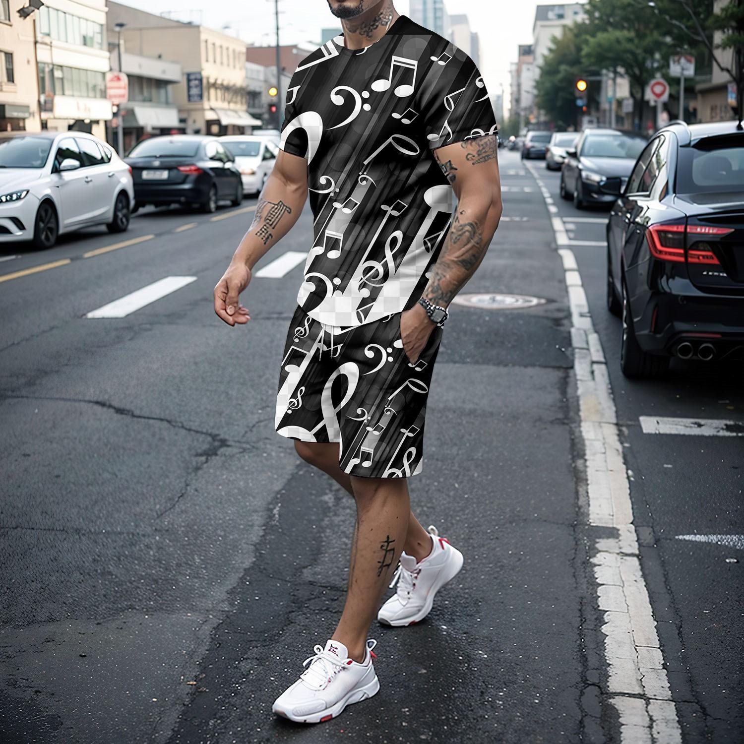 

Летний мужской художественный комплект, повседневная футболка с 3d-музыкальным принтом, уличная футболка с круглым вырезом, шорты с короткими рукавами, комплект из 2 предметов из полиэстера M