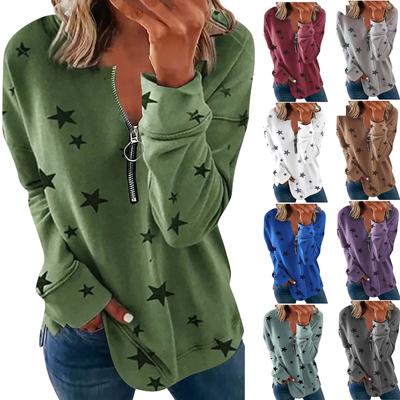 Fashion Womens Loose Round Neck Star Print Long Sleeve Zipper Pullover Sweater