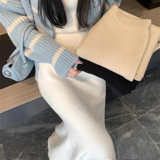 Women Fishtail Skirt High Waist Hip Wrapped Midi Skirt Solid Color Slim Fit Autumn Winter Knitting A-Line Skirt