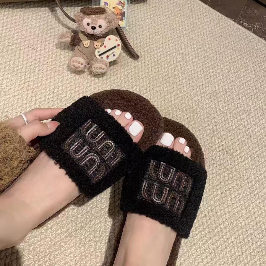 Wool Version~ Fashionable Outer Wear Miu Wind Flat Bottom Outer Wear One Word with Plush Fluffy Slippers Autumn and Winter Fluffy Shoes