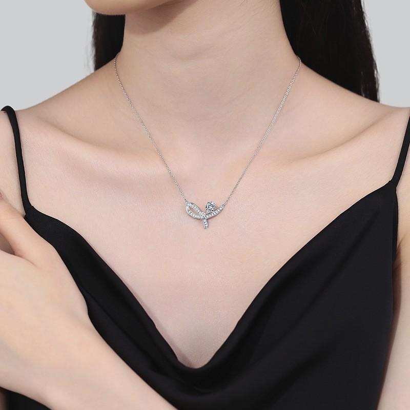 Dainty Bow Moissanite Pendant Necklace 1ct O-Chain Clavicle Chain Women