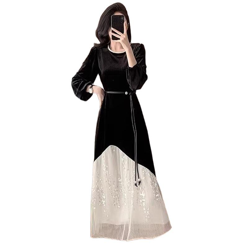 Langes Kleid aus Pailletten-Spitze und Samt im Hepburn-Stil für Herbst/Winter