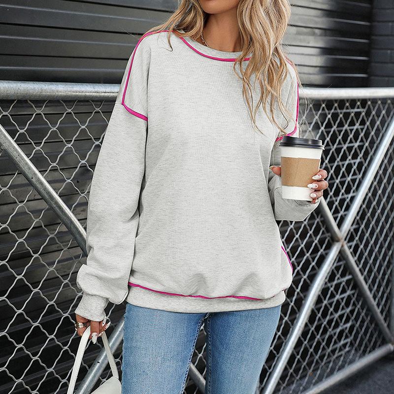 2025 New Autumn and Winter New Round Neck Contrasting Edge Loose Pullover Sweatshirt Women's Casual Loose