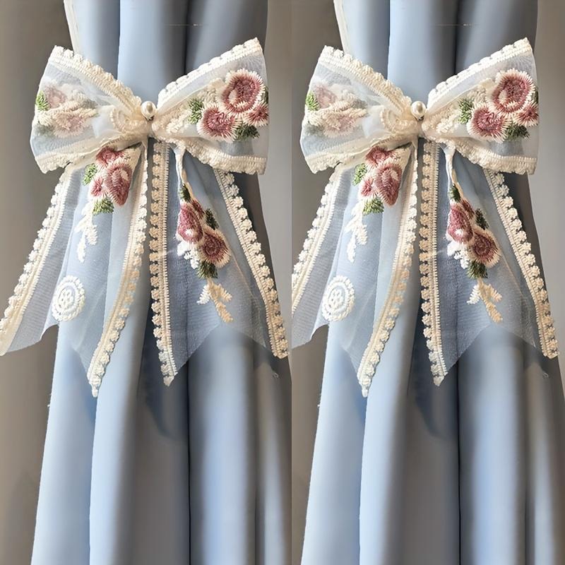 2Pcs Embroidered Rose Lmitation Pearl Lace Bow Curtain Ties, No-Drill Adjustable Curtain Straps, Elegant Vintage European French Window Decoration 2pcs