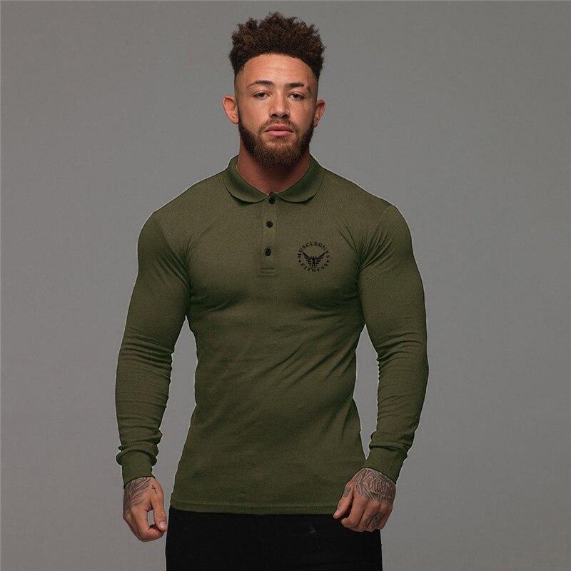Muscleguys T-shirt da uomo primavera e autunno con colletto rovesciato, moda, traspiranti, business casual, a maniche lunghe, top da lavoro, bottoni delicati