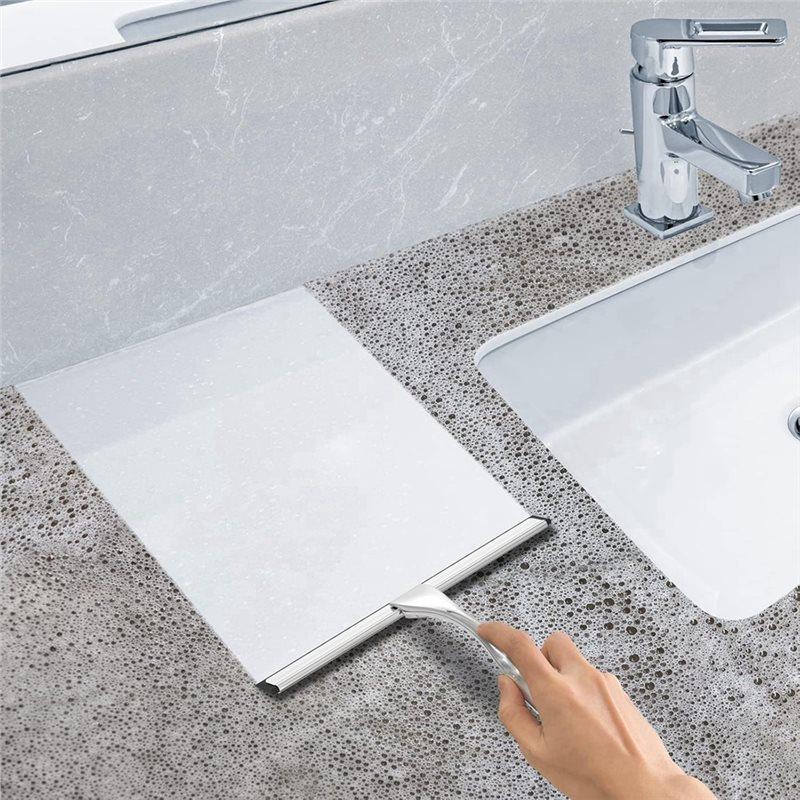 A25F-All-Purpose Stainless Steel Shower Squeegee For Glass Doors With 2 Adhesive Hooks, Streak Free Silicone Blade