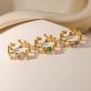 1pc New Exquisite 304 Stainless Steel Rings Gold Color Rhinestone Leaf Imitation Pearl Open Rings For Women Party Club Jewelry
