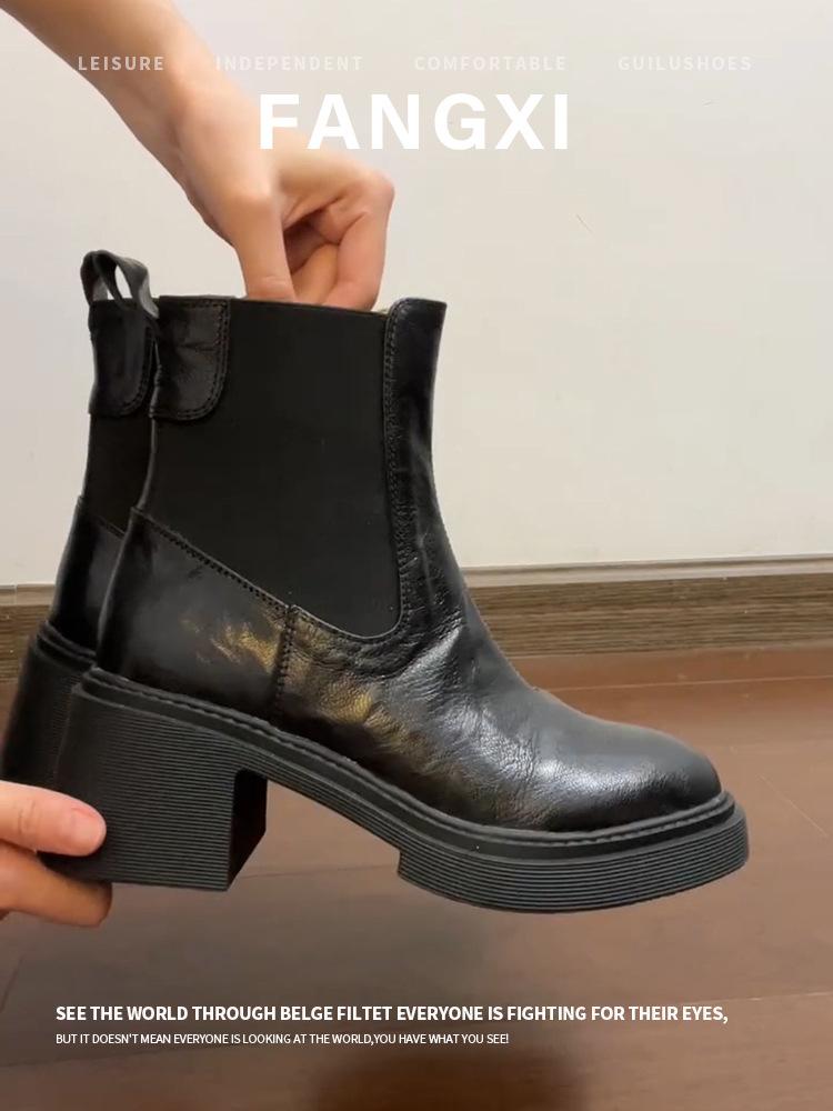 Washed Cowhide~ Elastic Skinny Boots Platform Chelsea Boots British High Heel Martin Boots Thick Heel Short Boots Women