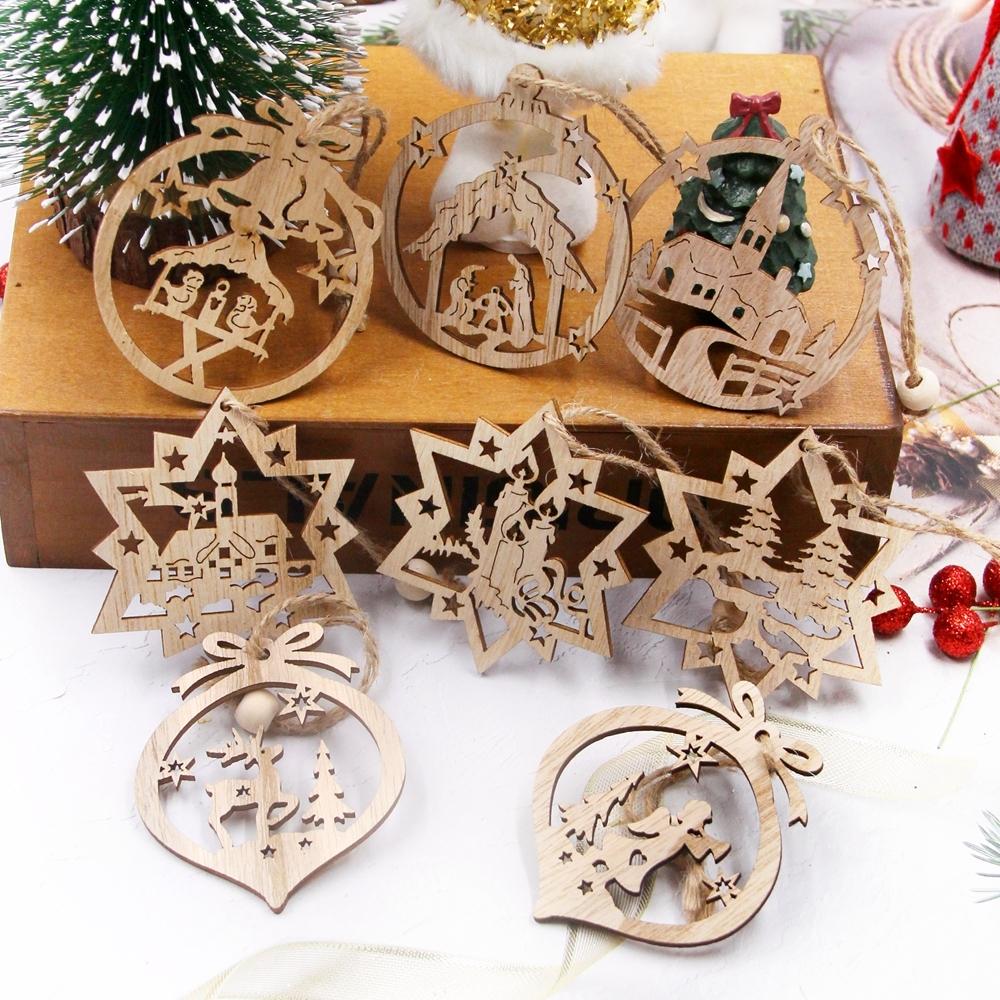 9Pcs Christmas Wooden Pendants Hollowed Bell/Star/Ball Hanging Ornaments Naviada Home Party Tree Decor DIY Painting Noel Gift