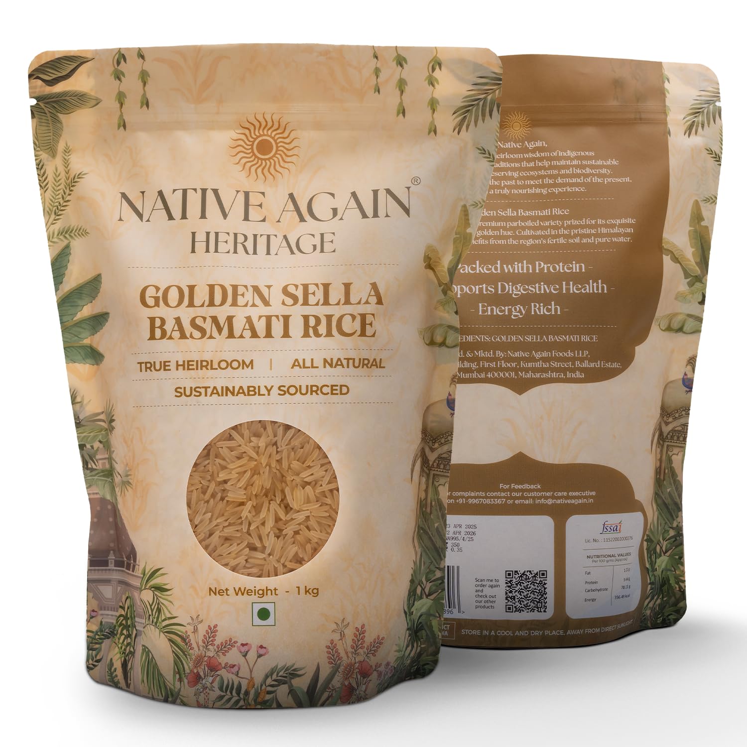 NATIVE AGAIN Золотой рис Басмати Sella 1 кг | Премиальный пропаренный длиннозерный рис | Ароматный, нелипкий и с низким ГИ | Богатый питательными веществами Гималайский Ba