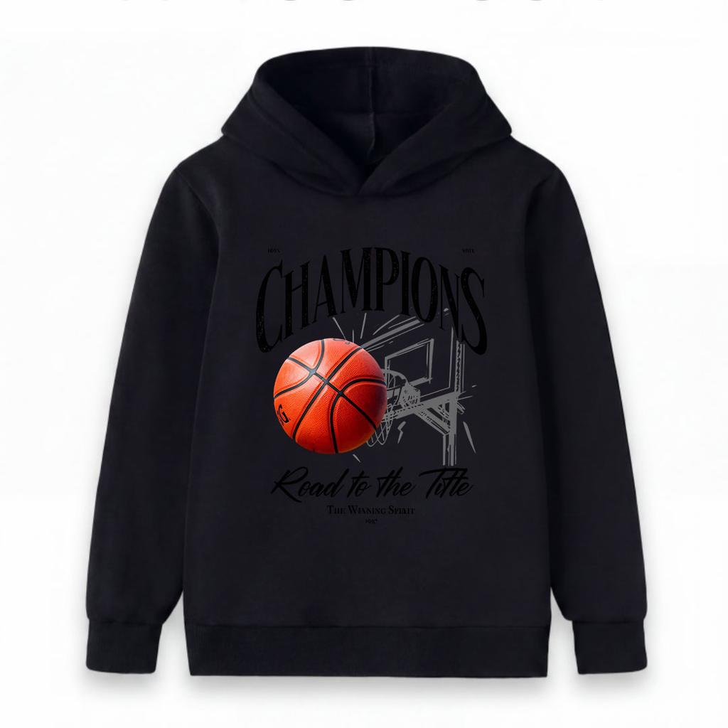 Kids Boys Girls Basketball Champions Print Pullover Hoodie Casual Long Sleeve Road To The Title Graphic Hooded Sweatshirt For Sports Daily Wear
