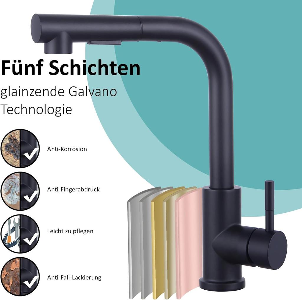 Mattschwarzer Küchenarmatur mit Pull-Down-Sprüher, Einzelgriff, Küchenspüle-Wasserhahn aus Edelstahl, langlebiger Spülbecken-Wasserhahn für die Küche