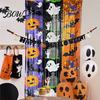 Holiday Party Backdrop Foil Fringe Curtain for Halloween, Orange Purple Black Background Spooky Decor Photo Booth Props, Pumpkin Ghost Bat Halloween