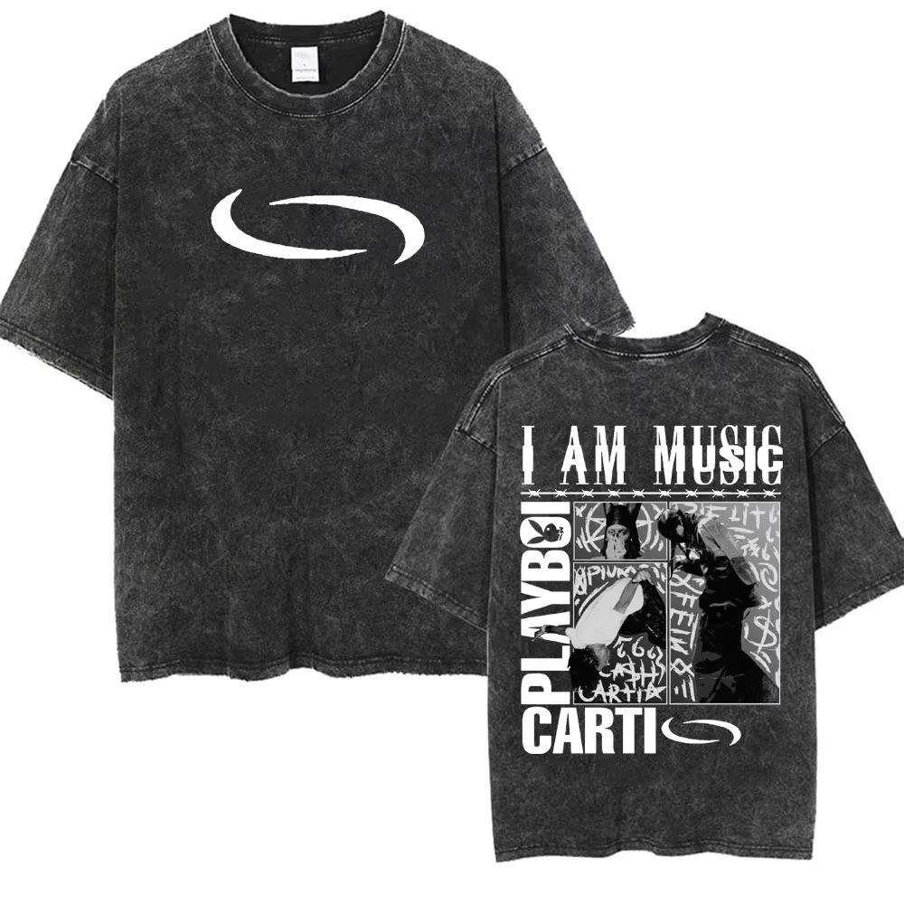 Retro Washed Playboi Carti I AM MUSIC Logo T Shirt Opium Ken Carson Narcissist Tour Antagonist Rap T-shirts Men's Tees