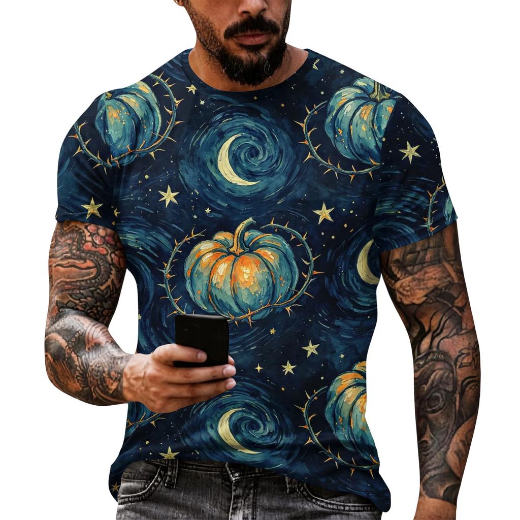 Men's Halloween Graphic Short Sleeve T Shirt Loose Casual Summer Daily Wear Top with Pumpkin Print Comfortable Fit