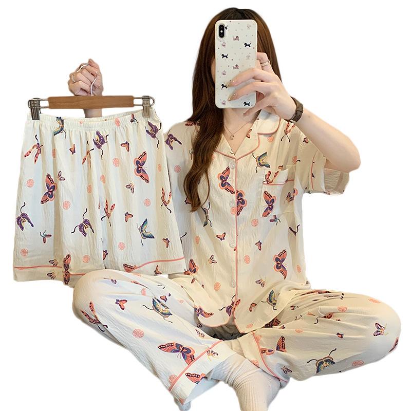 French Premium Butterfly Cloud Cotton Pajamas Women'S Summer Short-Sleeved Three-Piece Casual Lazy Style Loungewear