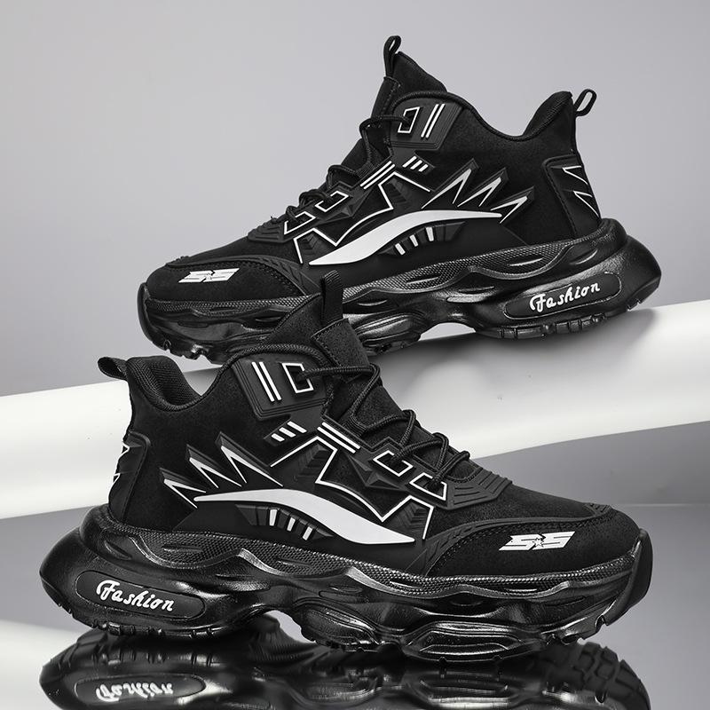 Fashion autumn and winter new leather high-top thick-soled versatile Hong Kong style men's sports shoes comfortable and lightweight men's mecha casual