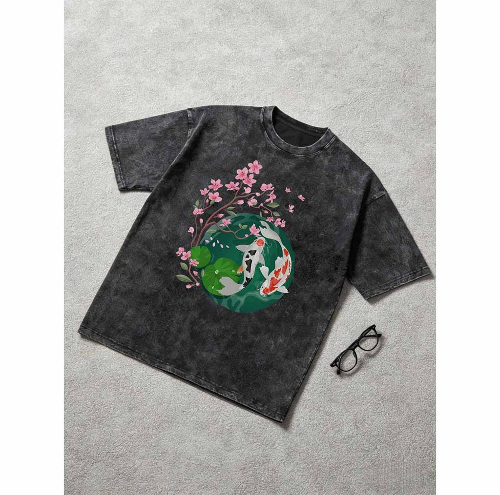 Japanese Cherry Blossom And Koi Printed Unisex T-Shirt, Short Sleeve, Casual, Breathable, Soft Daily