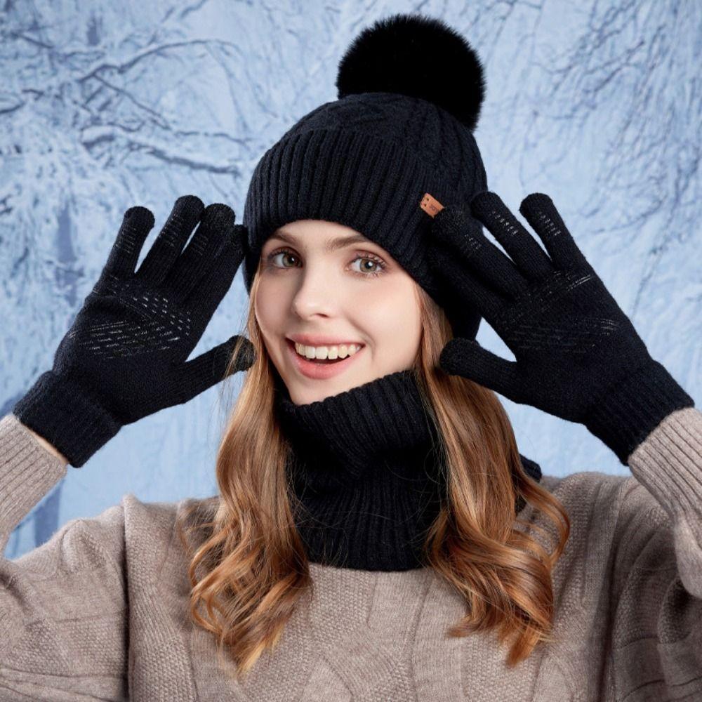 3pcs Wool Thermal Knit Cap Warm Winter Beanie Hat Soft Hat Scarf Gloves Set Skiing