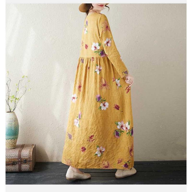 New Color Round Neck Retro Long Skirt Cotton Linen Dress