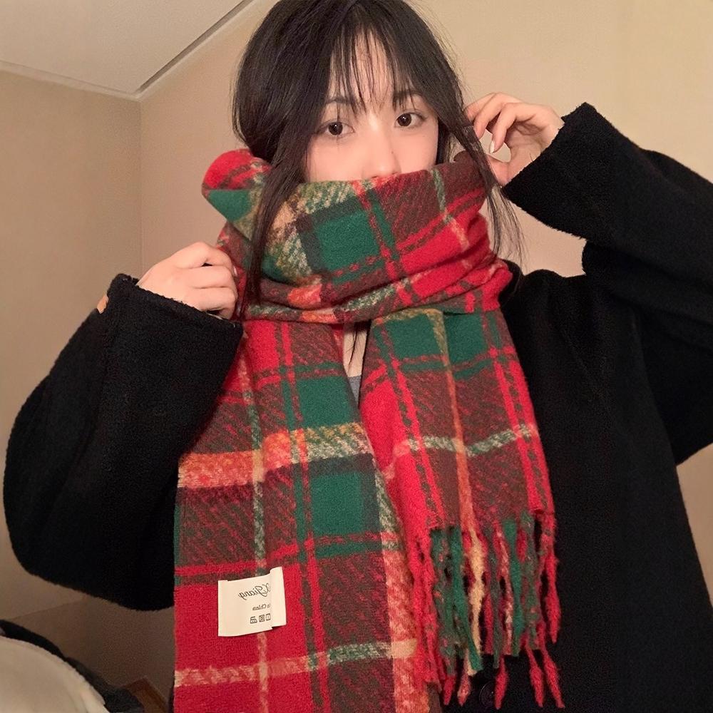Red Scarf Women's Winter Korean Version Plaid Versatile Warm Imitation Cashmere High-end Trendy New Year's Gift Christmas Scarf