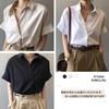 Blouse for Short Sleeve Office Commuting [Quiet Wave] Women, Top, Chiffon, Plain, Buttonless, Collared, Slimming, Elegant, Figure-Hidden, Stylish,