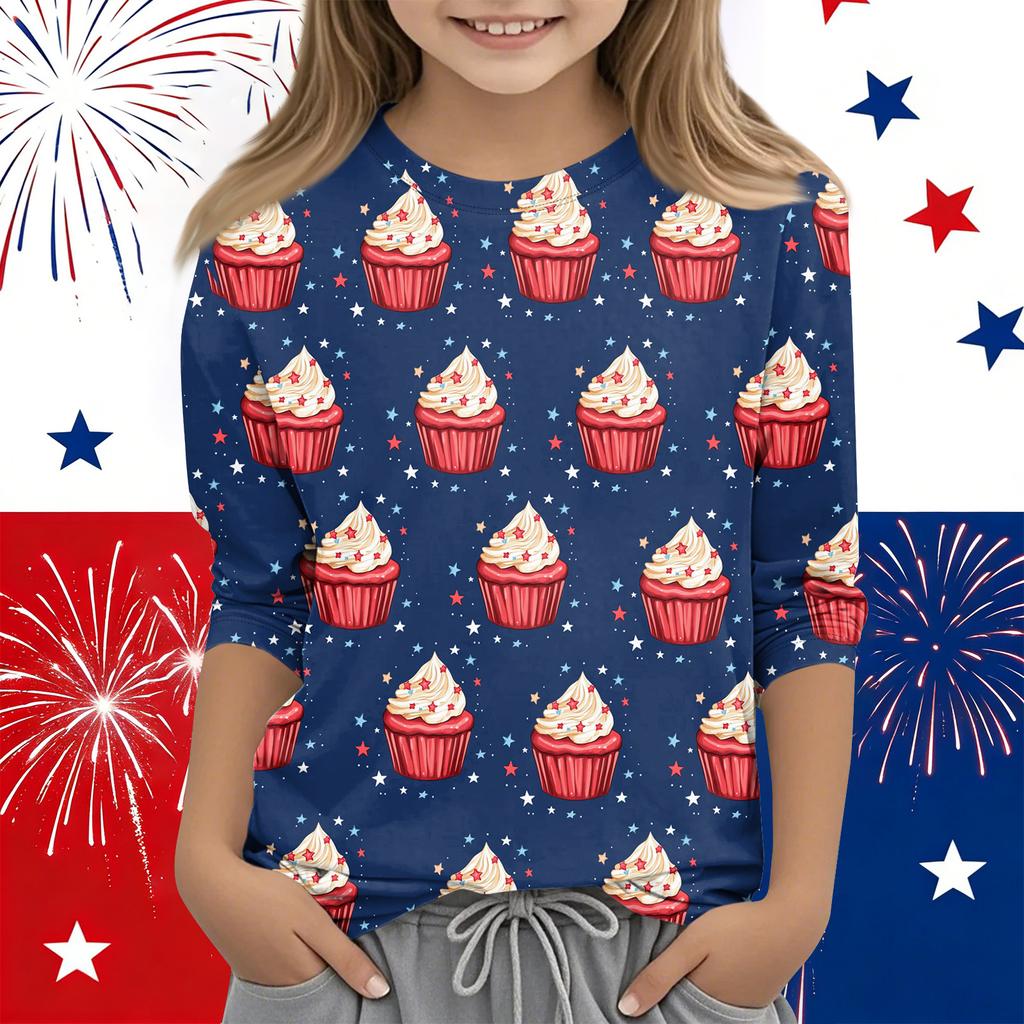 Print Tops For Youth Girls Round Neck 3/4 Sleeves T-Shirts Trendy Tops Outfit Tees Independence Day