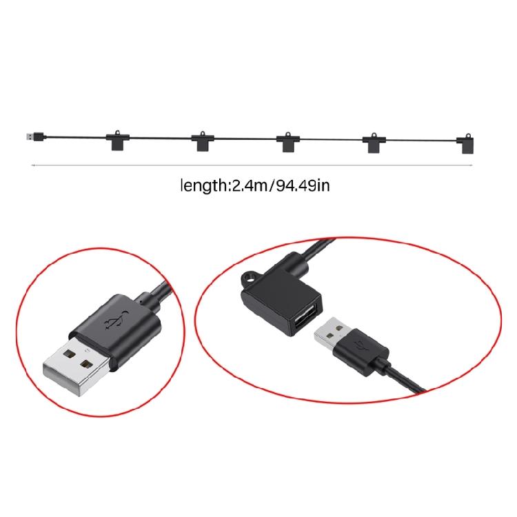USB Power Cord 240cm 5 Port Splitter For LED Strips Desk Fan Security Cameras 5V Charging