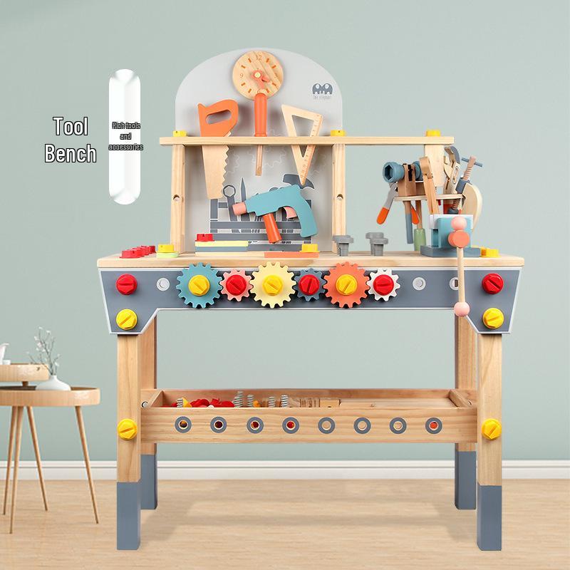 Children's Wooden Tool Box: Educational Workbench Toy for Boys with Simulation Repair, Screw, Nut Disassembly & Assembly Activity.