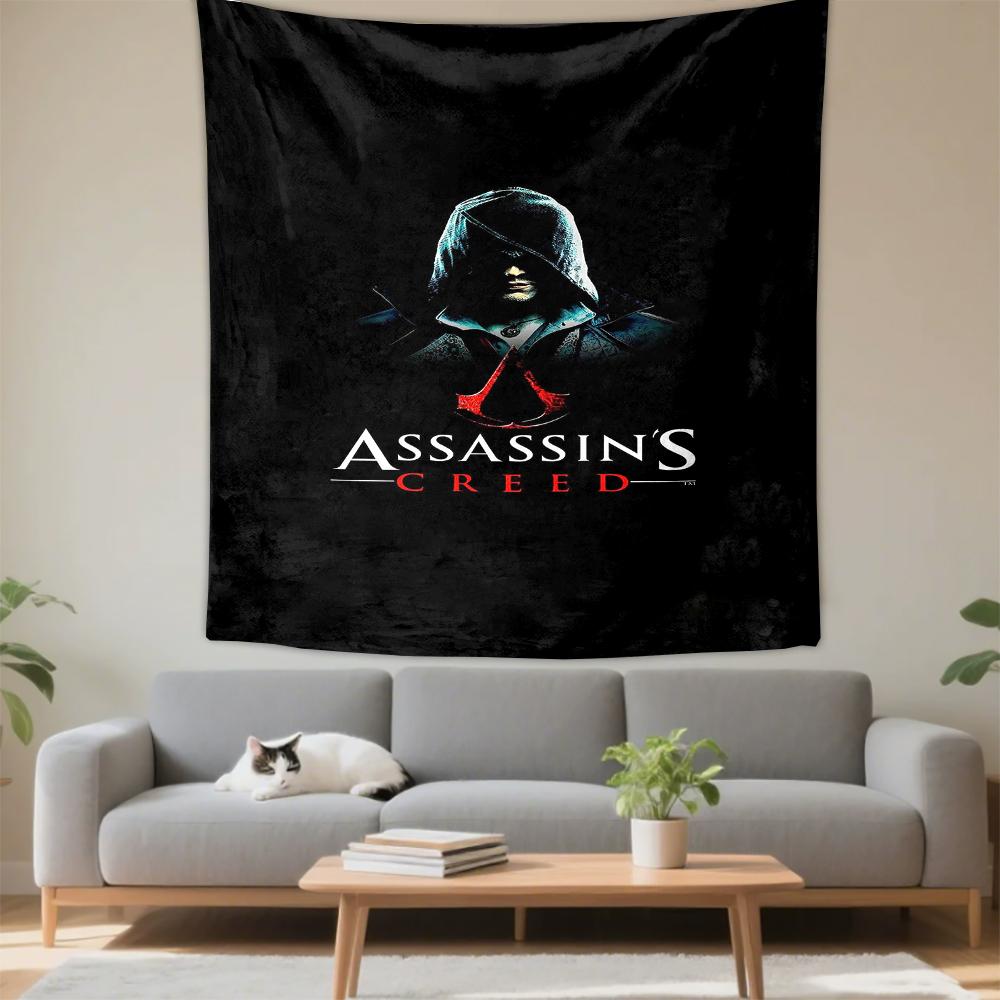 Assassins Creed Hooded Assassin Black Red Logo Gamers Bedroom Art Tapestry for Dorm Room Wall Hanging