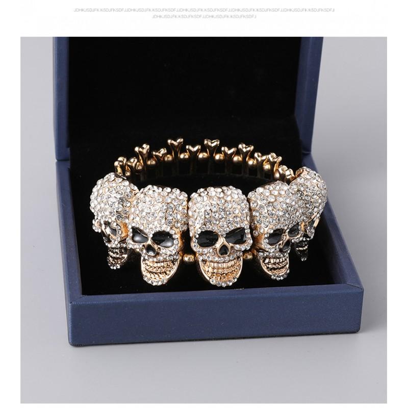 Punk Skull Rhinestone Bracelet Gold Tone Bone Chain Cuff Halloween Hip Hop Unisex Fashion Accessory